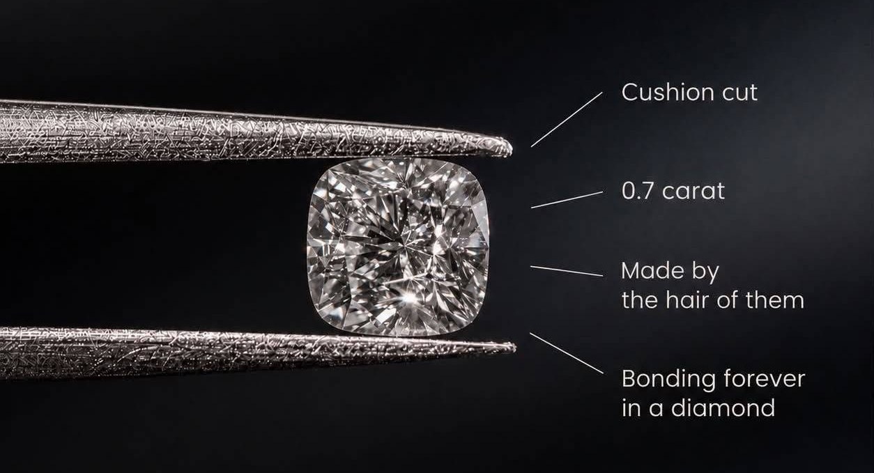 A cushion-cut diamond in tweezers, its grading called out beside it